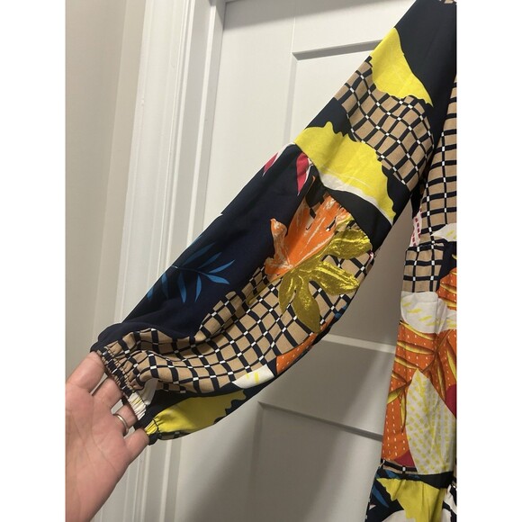 Tiered V-Neck, Navy, Yellow, Orange Colorful Abstract Flowy Comfortable Dress XL - Picture 4 of 7